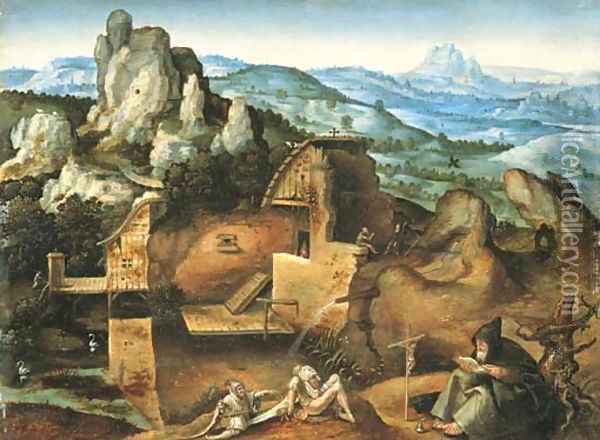 An extensive rocky landscape with the Temptation of Saint Anthony Oil Painting - Joachim Patenier (Patinir)