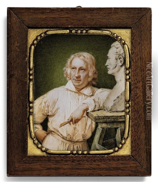 Sculptor Bertel Thorvaldsen In White Smock, Holding A Chisel, Leaning Against A Wooden Table Set With A Bust Of Horace Vernet (after Horace Vernet) Oil Painting - Jens Christian Boegh