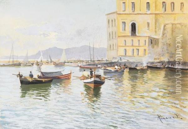 Italienischer Hafen Mit Fischerbooten Oil Painting - Oscar Ricciardi