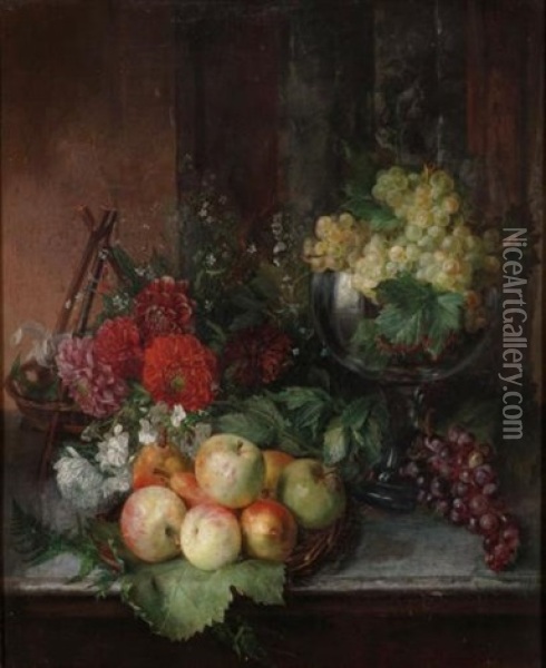 Still Life Of Fruit And Flowers Oil Painting - Jose Maria Bracho Murillo