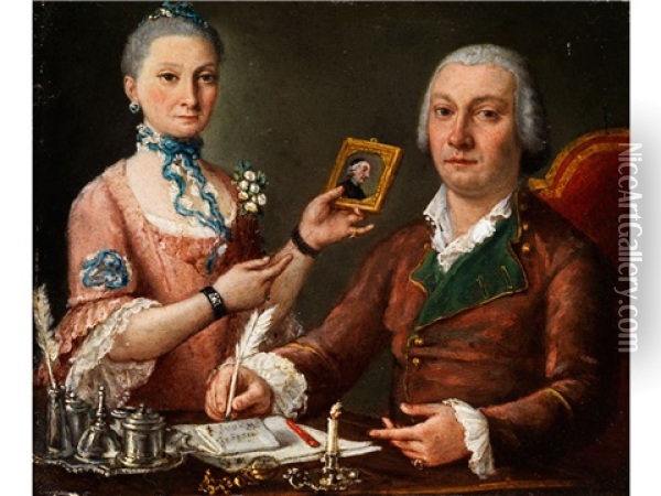 Paar An Einem Tisch Mit Schreibzeug Und Kerze Oil Painting - Pietro Fabris