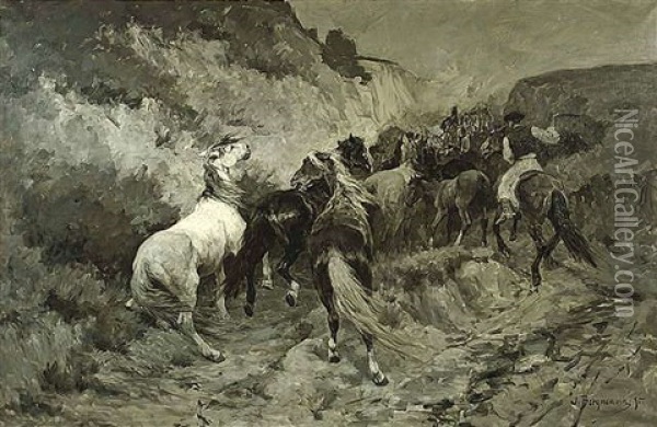 Ungarischer Pferdetrieb Im Hohlweg Oil Painting - Julius Hugo Bergmann