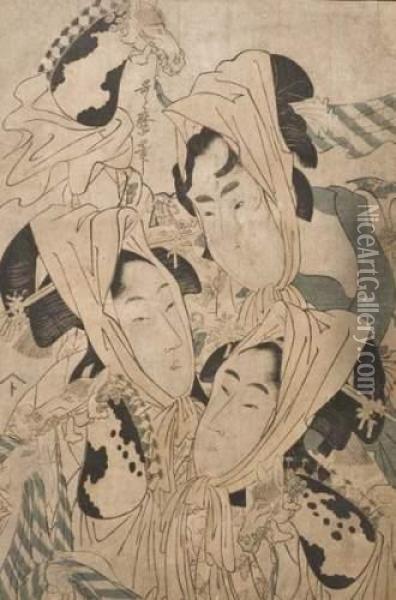 Portrait De Deux Jeunes Femmes Et Un Homme Tenant Oil Painting - Kitagawa Utamaro