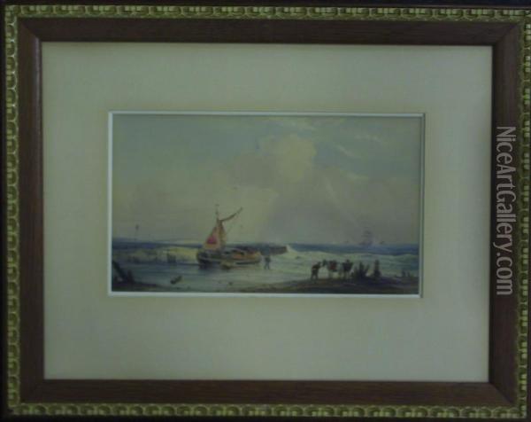 Description:strandzicht Met Vissersboot En Ruiters Oil Painting - Count Alexandre Thomas Francia