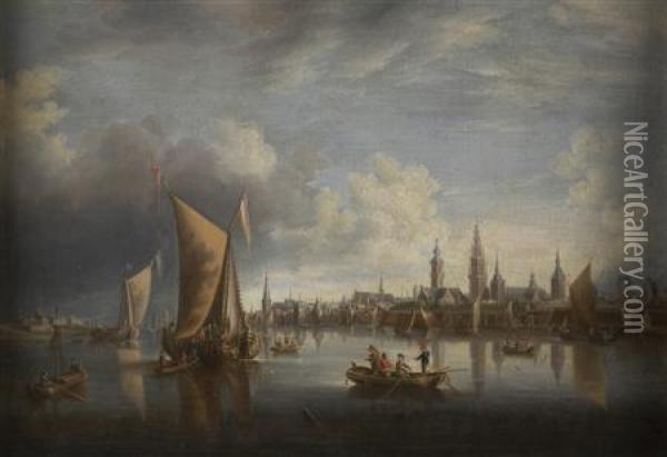 A Busy Riverside Town With Fishing And Rowing Boats Oil Painting - Thomas Heeremans