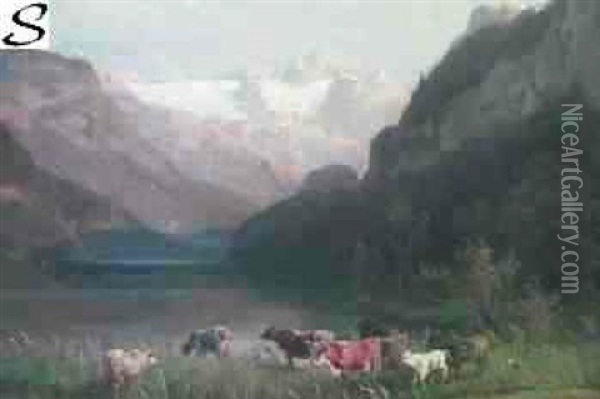 Alpine Landscape With Cattle Watering Oil Painting - Hermann Herzog