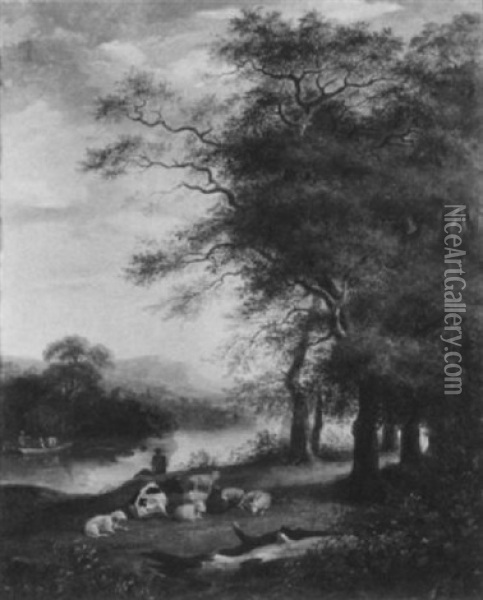 Flusslandschaft Mit Hirten Oil Painting - Gustav de Galard