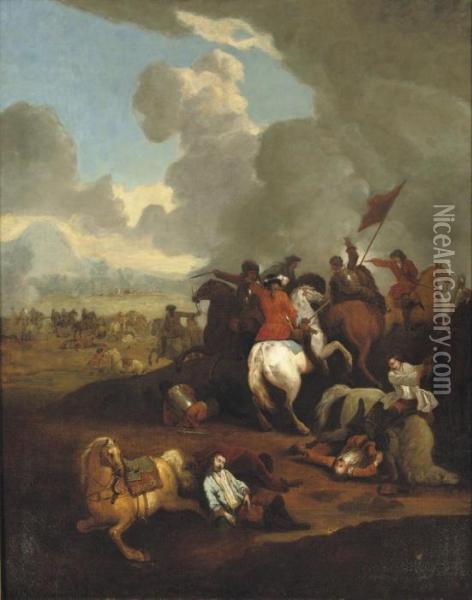 A Cavalry Skirmish In An Extensive Hilly Landscape Oil Painting - Jan von Huchtenburgh