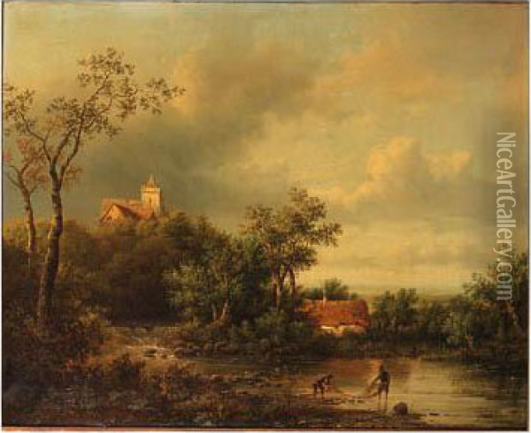 A Wooded Landscape With Fishermen Inspecting Their Nets On The Bankof A Creek, A Castle Beyond Oil Painting - Acobus Loernsz. Sorensen