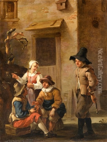 Four Figures Conversing In The Courtyard Of A Oil Painting - Johannes van der Bent