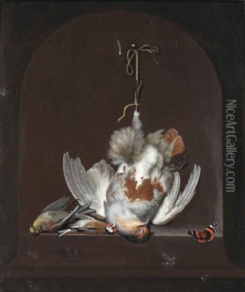 A Partridge, A Goldfinch, A Yellowhammer And A Red Admiral On A Marble Ledge In A Niche Oil Painting - Ottmar Elliger the Elder
