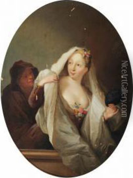 Pesne A Lady At Her Toilet With A Servant Oil Painting - Antoine Pesne