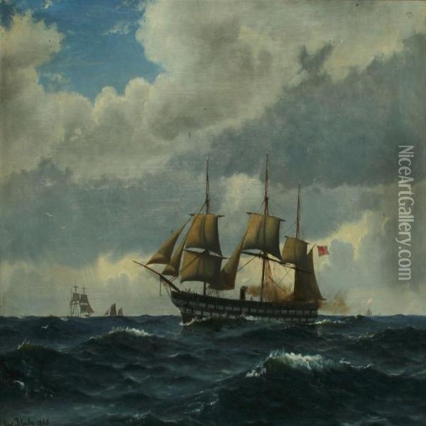 Marine With The Frigate Sjaelland And Sailing Boats Oil Painting - Christian Vigilius Blache