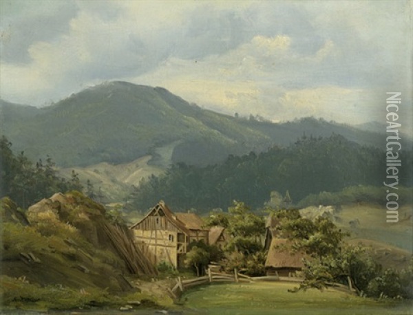 Kleines Gehoft In Mittelgebirgslandschaft Oil Painting - August Friedrich Kessler