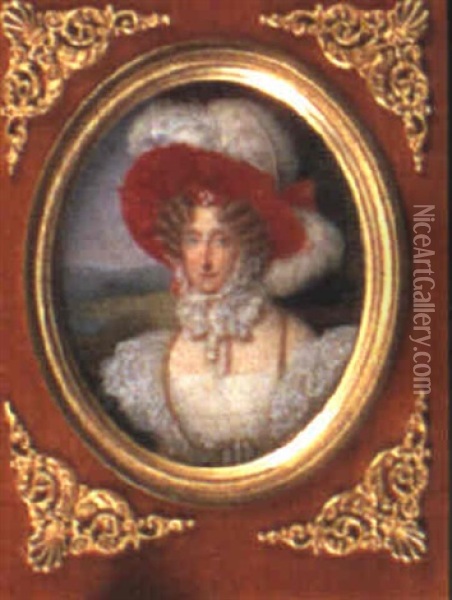 Marie-amelie, Queen Of The French, With Coiled Fair Hair,   Wearing A Large Red Hat Trimmed With Bows... Oil Painting - Jean-Francois Hollier
