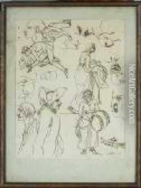 Sheet From A Sketch Book With Men Studies Oil Painting - Nicolas-Abraham Abilgaard