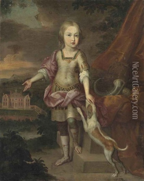 Portrait Of A Boy In Roman Attire, With A Dog, In The Grounds Of An Estate Oil Painting - Jacques Parmentier