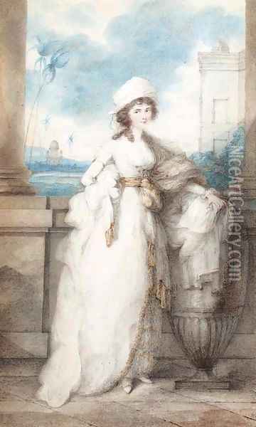Portrait of a lady, standing on a balcony Oil Painting - George Chinnery