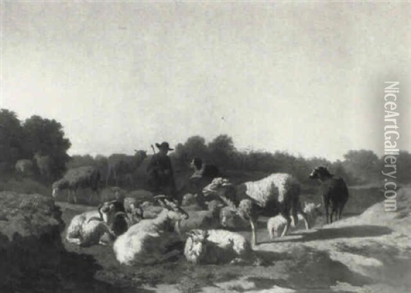 Drover With Goats And Sheep In A Landscape Oil Painting - Warner Gyselman