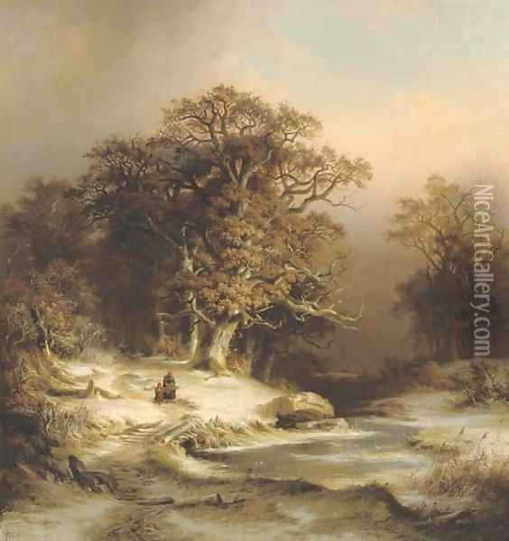 Along a stream in winter Oil Painting - Dietrich Langko
