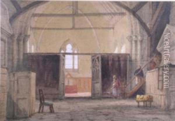 Figures In A Church Interior Oil Painting - Richard Henry Nibbs