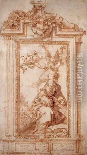 Architectural Design with Female Figure and Putti Oil Painting - Alonso Cano