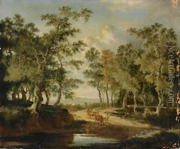 A Wooded Landscape With A Shepherd And His Herd On A Path, Near A Puddle Oil Painting - Jan Hackaert