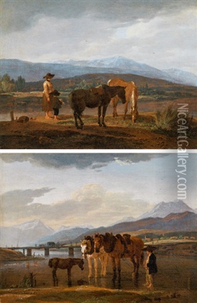 Counterparts: Farmer's Wife With A Boy; Horses With Cart And Shepherds Oil Painting - Wilhelm Von Kobell