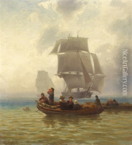 Zwei Grose Segelschiffe Und Ruderboote Im Kustengewasser Oil Painting - Joseph Wilhelm Pero