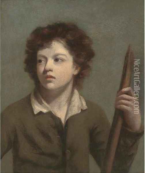 Portrait of a boy, bust-length, in a brown coat, holding a staff Oil Painting - John Opie