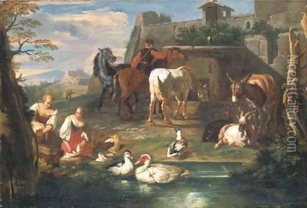 Washerwomen at a pond with ducks, goats and a donkey, a rider watering horses at a fountain and a landscape beyond Oil Painting - Pieter van Bloemen