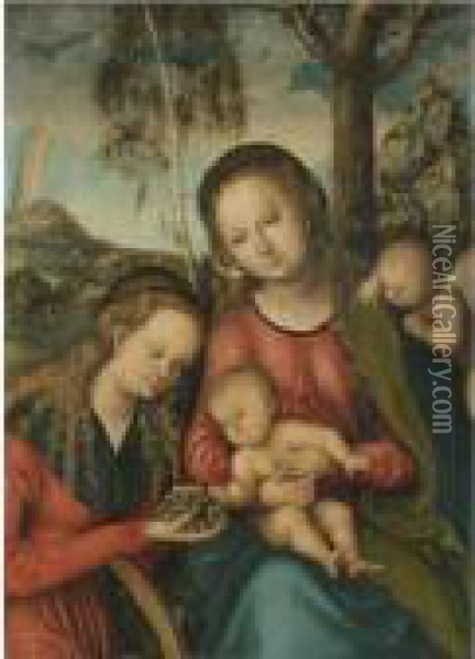 The Virgin And Child With Saint 
Catherine Holding A Bunch Of Grapes, A Winged Cherub Behind Oil Painting - Lucas The Elder Cranach