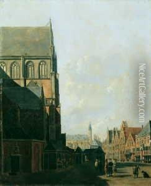 Der Marktplatz In Haarlem Mit Der St. Bavo-kerk Und Dem Alten Rathaus. Oil Painting - Carel Jacobus Behr