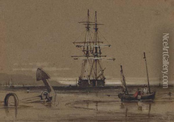 A Trading Brig At Anchor Off The Coast Oil Painting - Samuel Prout
