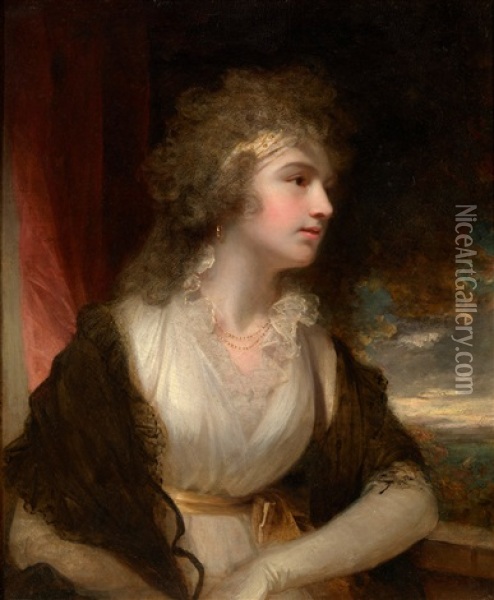 Portrait Of A Lady, In A Light Dress With A Lace Collar Resting Her Arm On A Balcony Oil Painting - Sir John Hoppner
