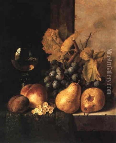 Still Life With Pears, Grapes And Other Fruit With A Wine Glass Oil Painting - Edward Ladell