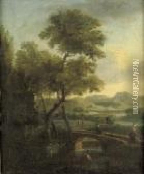 A River Landscape With Figures On A Bridge Oil Painting - Peeter Bout