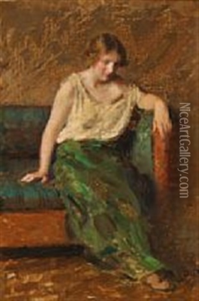 A Female Model Sitting In A Sofa Oil Painting - Julius Paulsen