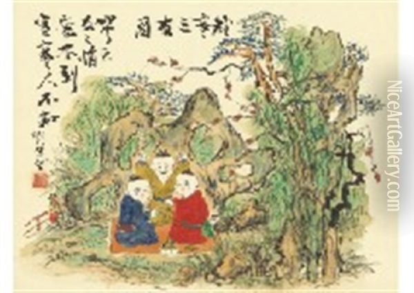Three Friends And A Plum Tree Oil Painting - Kishida Kado