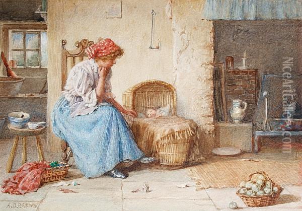 A Constant Care; A New Hairstyle Oil Painting - A. D. Bastin