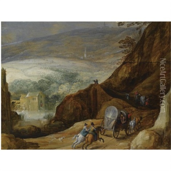 A Mountainous Landscape With Horsemen And Travellers In A Horse-drawn Wagon And A Horse-drawn Cart On A Path, A Watermill Beyond Oil Painting - Joos de Momper the Younger