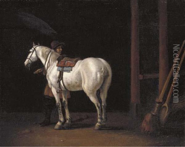 The Interior Of A Stable With A Groom And A Horse Oil Painting - Abraham Van Calraet