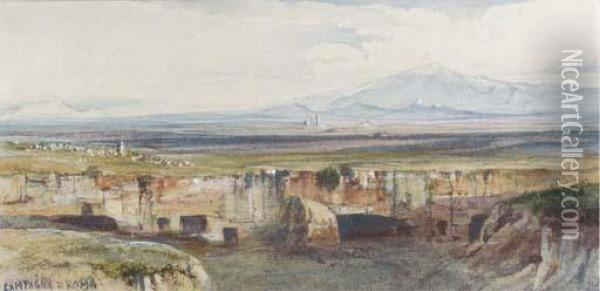 Cervera, On The Roman Campagna Oil Painting - Edward Lear
