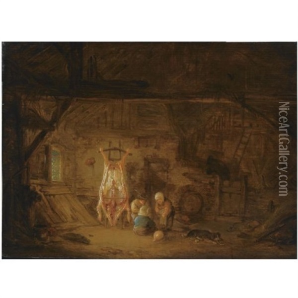 A Barn Interior With Three Children Playing With A Pig's Bladder, Next To A Slaughtered Pig Oil Painting - Isaac Van Ostade