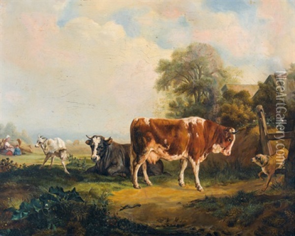 Weidendes Vieh Vor Einem Bauernhaus Oil Painting - Jacques Raymond Brascassat