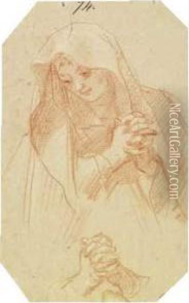 Studio Di Santa Con Le Mani Giunte E Studio Di Mani, Al Verso Studio Di Drappeggio Oil Painting - Baldassarre Franceschini