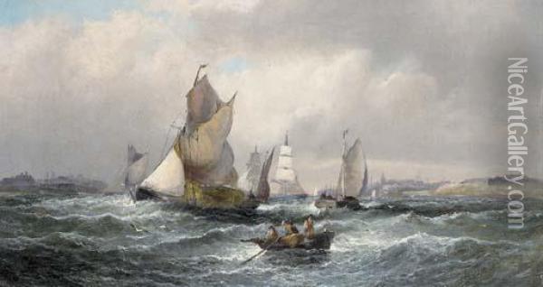 Hay Barges At The Mouth Of The Medway; And Shipping In A Calm Off The South Coast Oil Painting - William A. Thornley Or Thornber