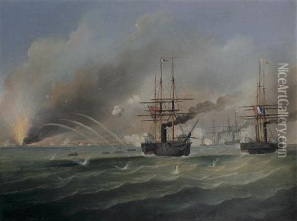 The Bombardment Of Odessa, 22nd April 1854 Oil Painting - Francis Hustwick