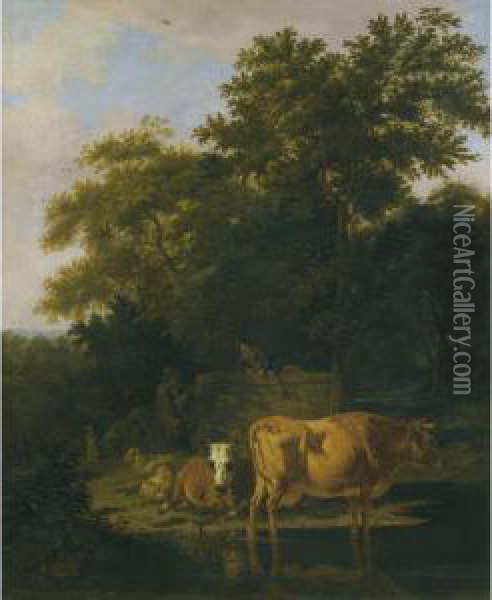 A Wooded Landscape At Dusk, With Two Herdsmen A Dog, Sheep And Cattle Oil Painting - Adrian Van De Velde