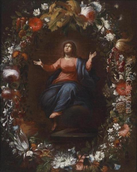 The Assumption Of The Virgin Enclosed By A Wreath Of Flowers Oil Painting - Andries Daniels